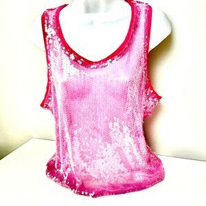 Souvenir Clubbing Italy Pink Sequin Mech Tank Top Size M Sheer Sparkly